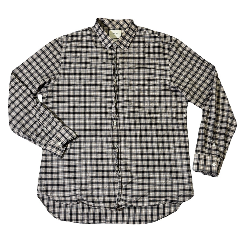 Billy Reid mens L Large tan plaid standard fit soft cotton button up shirt EUC